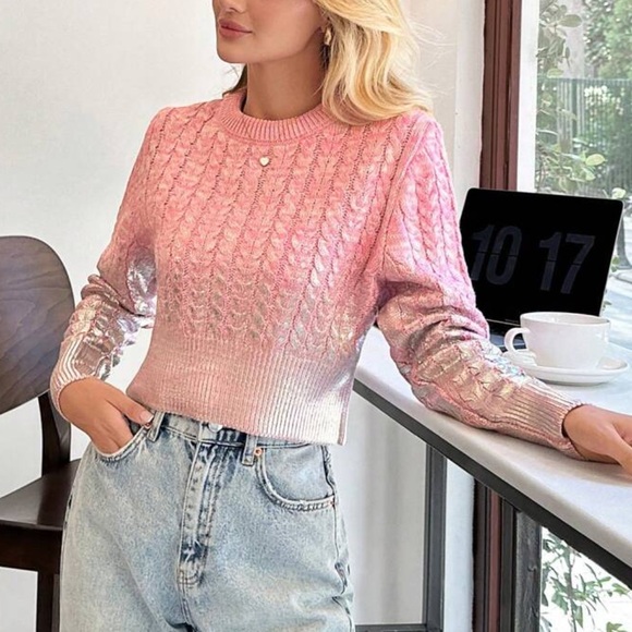 Cozy Foil Round Neck Cable Knitted Pullover Long Sleeve Pink Silver Sweater Top - Picture 4 of 6